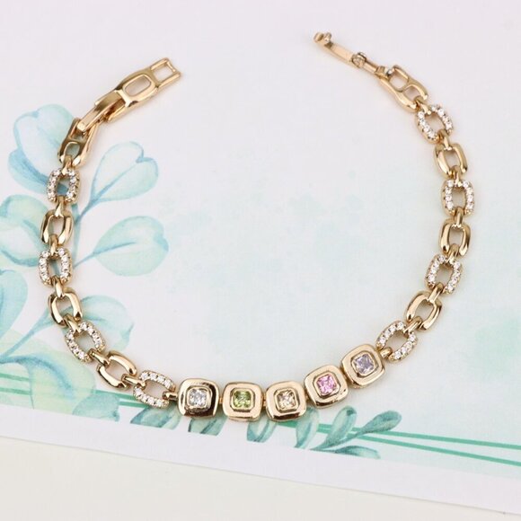 "Rose Gold Bracelet with Colorful Stones and Crystal Links, XPBL0791 - Picture 1 of 12